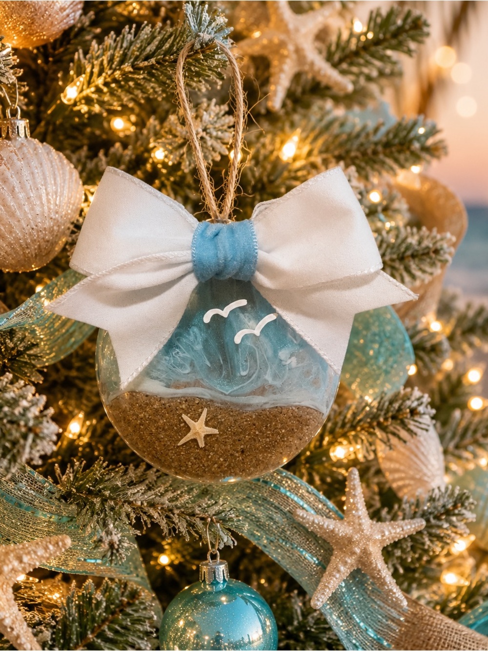 Handmade Coastal Blue & White Holiday Ornament with Sand and Bow - Picture 2 of 2